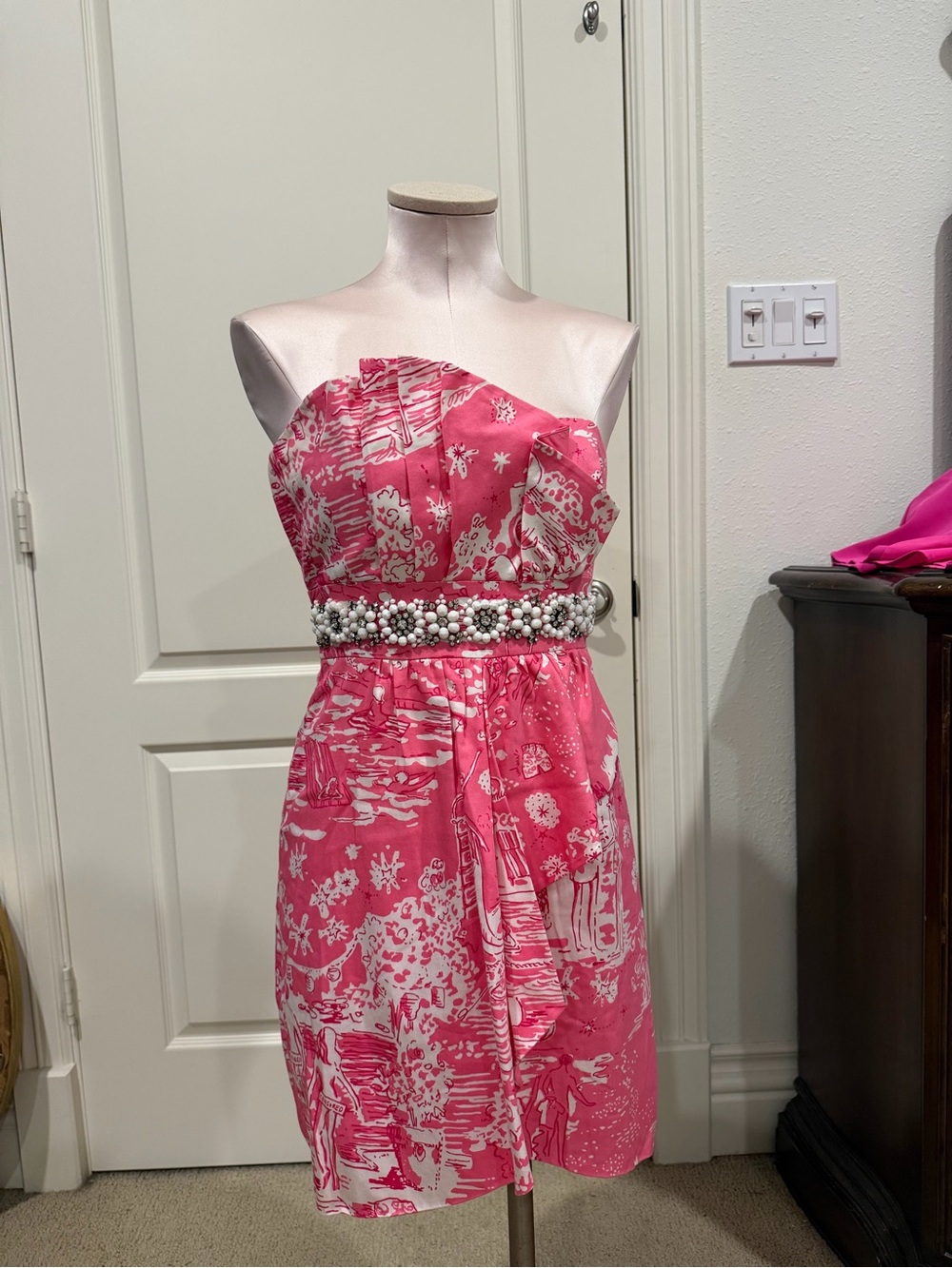 Lilly Pulitzer Pink and White Strapless Printed Mini Dress with Beaded Waist